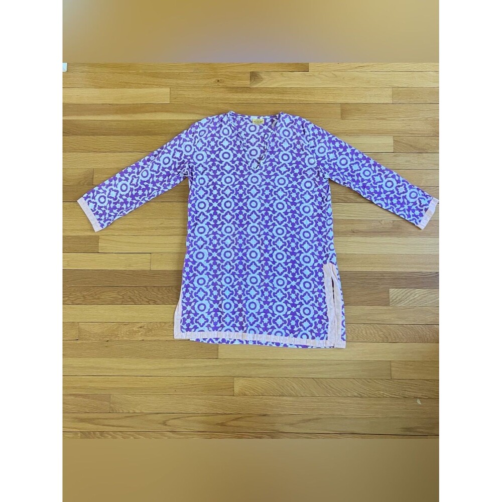 Roberta Roller Rabbit Purple Geometric Floaty Cotton Beach Tunic Coverup Small